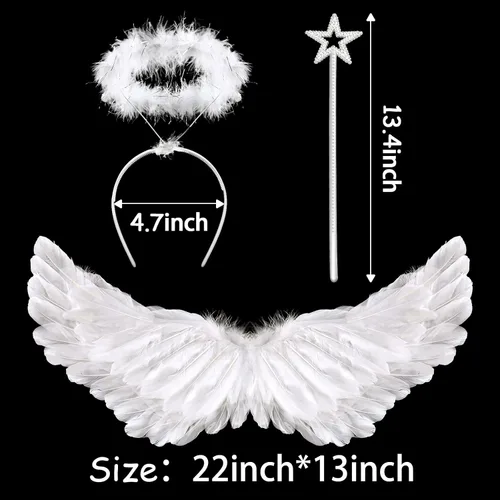 Vista 2 de Alas de ángel para adultos, alas de ángel y halo para niños y mujeres, alas de plumas, disfraz de Halloween para niños