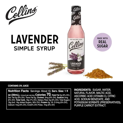 Vista 4 de Jarabe Simple de Lavanda Collins con Azúcar Real para Cócteles, Spritz, Té Helado, Limonada, Chocolate Caliente, Postre, Repostería, Jarabes