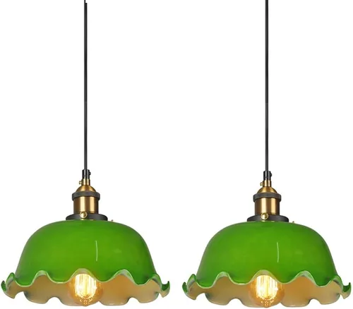 Vista 7 de 2 Pack Retro Pendant Light Fixtures, Nordic Single Head Green Glass Shade Ceiling Hanging Lighting, 59.1in Adjustable Height E27/E26 Sockets