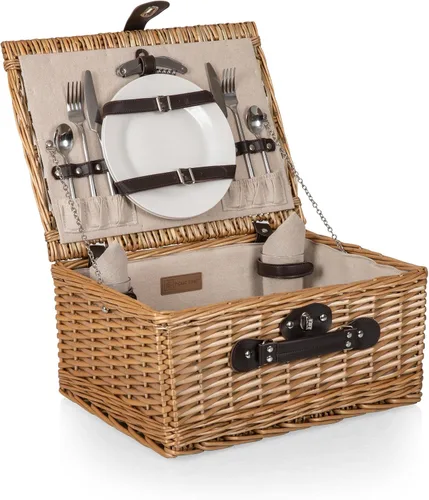 Vista 4 de PICNIC TIME Cesta de picnic clásica para 2, romántica canasta de mimbre de madera de estilo inglés con servicio de lujo para 2, interior totalmente
