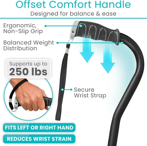 Vista 3 de Vive Walking Cane for Women, Men, Elderly - Patented Offset Grip - Lightweight Adjustable Walking Aid with a Non-Slip Tip - Sturdy Balancing