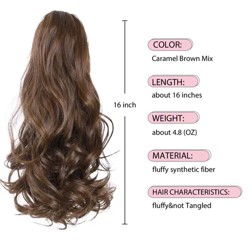 Vista 2 de Extensiones de cabello castaño para mujer, pinza de extensiones de cola de caballo, postizo rizado de 16 pulgadas, extensiones de cola de caballo