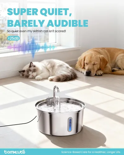 Vista 2 de Fuente de agua para gatos de acero inoxidable, fuente de agua de gran capacidad para beber, fuente de agua de metal ultra silenciosa para gatos