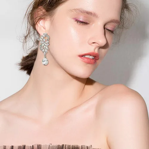 Vista 3 de BriLove - aretes colgantes bohemios con flores de cristal para novia