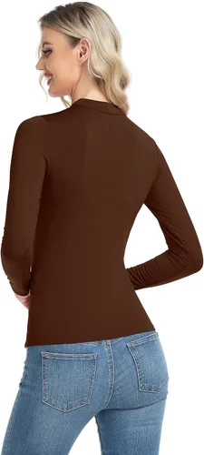 Vista 3 de Camiseta térmica básica de manga larga para mujer, ligera, con cuello alto falso, ajustada, capa suave