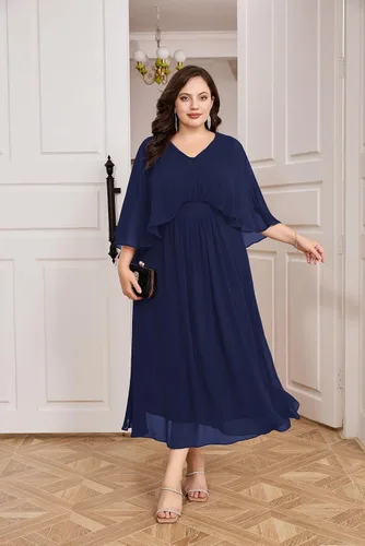 Vista 8 de Hanna Nikole Vestido de fiesta de noche de gasa con cuello en V para mujer, talla grande, manga capa, maxi vestidos para invitados de boda