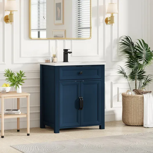 Vista 3 de Henf 28 Inch Bathroom Vanity with Ceramic Integrated Sink, Blue Bathroom Storage Cabinet with 2 Soft Close Doors,1 Tilt-Out Drawer,Reinforced Corner