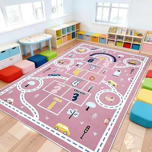 Vista 10 de Alfombra de juego para niños de 4 x 6 pies y alfombra de auto Hopscotch – Alfombra grande azul lavable para aula y preescolar para niños en edad