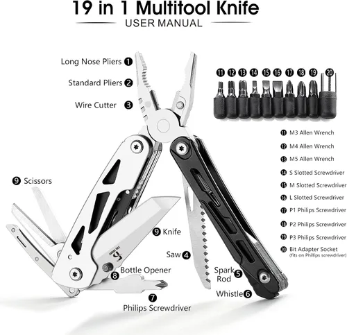 Vista 2 de THE FRONT Multiherramienta 19 en 1, Alicates Multiherramienta con Tijeras Desmontables, Cuchillo Táctico de Camping Multiuso para Supervivencia