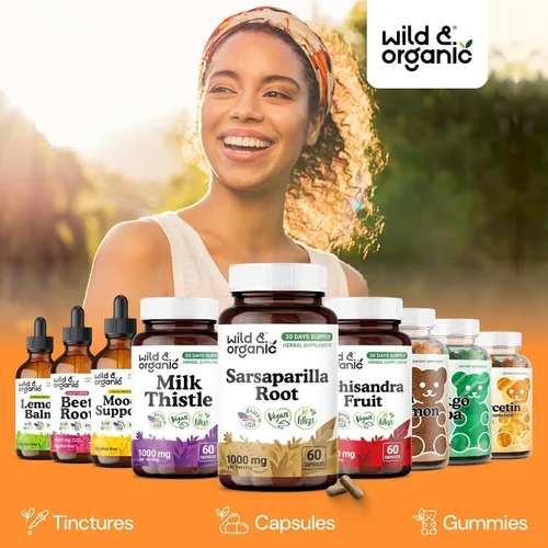 Vista 6 de Wild & Organic Cápsulas de raíz de zarzaparrilla, apoyo para la piel y la desintoxicación, suplemento de raíz de zarzaparrilla de 1000 mg, 30 días