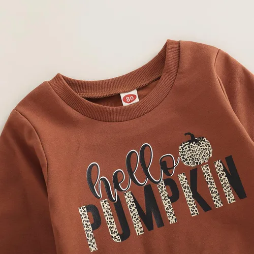 Vista 4 de AEEMCEM Conjunto de ropa de Halloween para bebé niña, sudadera con estampado de letras de Hello Pumpkin y pantalones acampanados de leopardo