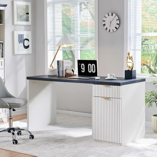 Vista 16 de JXQTLINGMU Escritorio ejecutivo moderno de 58 pulgadas con almacenamiento, escritorio de madera para oficina en casa con 5 cajones y 1 gabinete