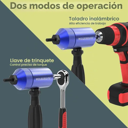 Vista 3 de Kit adaptador de taladro de tuerca de remache - Modos de accionamiento dual: taladro/trinquete, con 270 tuercas y 36 mandriles (azul)