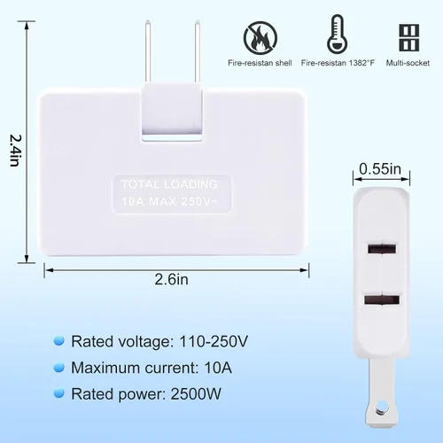 Vista 8 de Paquete de 3 extensores de toma de corriente de pared plana de CA, adaptador de enchufe plano, adaptador de pared plegable de 3 vías, enchufe Blanco