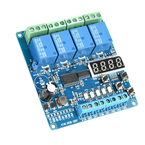 Vista 3 de Módulo de relé de tiempo multifunción, placa de interfaz de relé de tiempo de retardo multifunción de 4 canales 8-36V, módulo de optoacoplado LED
