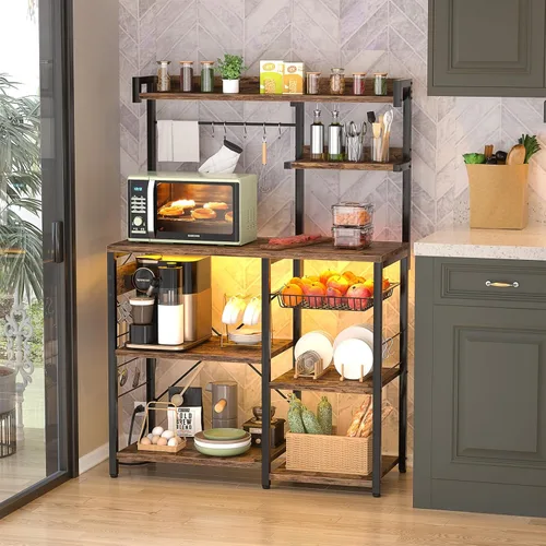 Vista 2 de Aheaplus Estante de panadería con toma de corriente y tiras de luces LED, soporte para horno de microondas, estante de almacenamiento de cocina