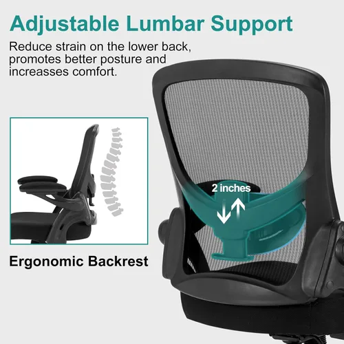 Vista 3 de Silla de oficina, silla de escritorio ergonómica con soporte lumbar ajustable, silla de computadora de malla transpirable con reposabrazos