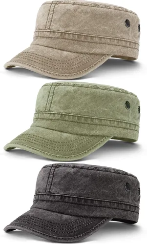 Vista 13 de Geyoga 3 unidades Cadet Army - Gorras de algodón lavado militar para tapas planas ajustables estilo militar sombrero unisex