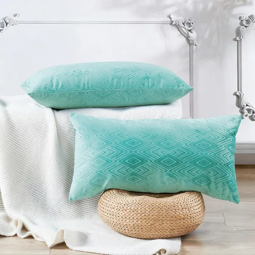 Vista 22 de Juego de 4 fundas de almohada cuadradas decorativas de terciopelo con diamantes de 20 x 20 pulgadas, fundas de almohada geométricas suaves para Aqua