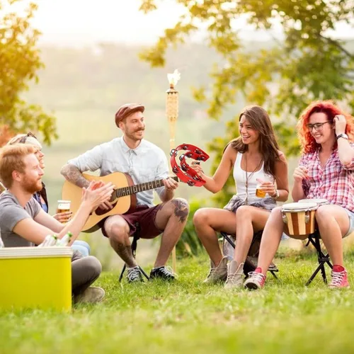 Vista 6 de Paquete de 4 panderetas de media luna para adultos, instrumentos musicales de percusión, pandereta de ritmo musical de doble fila para fiesta de KTV
