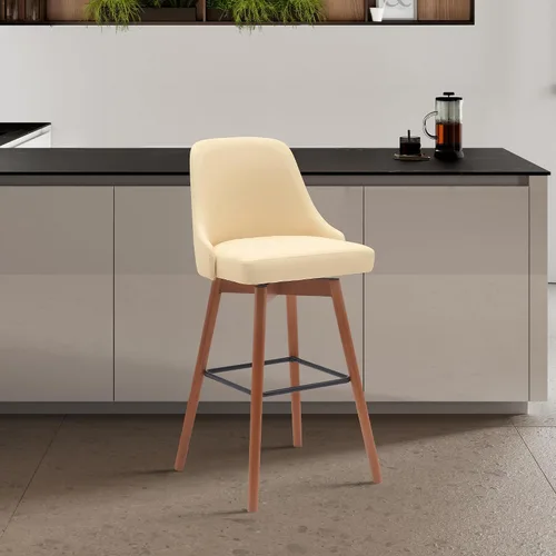 Vista 2 de Armen Living Sicily Modern Farmhouse Taburete giratorio de madera de nogal de 26 pulgadas de altura para encimera de isla de cocina, en piel Crema
