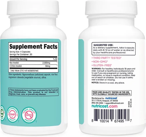Vista 4 de Nutricost Myo Inositol y D-Chiro Inositol para mujeres 2000mg, 120 cápsulas, 2000mg Myo y 50mg D-Chiro por porción, 30 porciones, apto