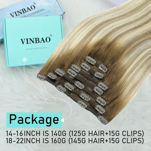 Vista 86 de VINBAO Extensiones de cabello humano con clip, balayage, color marrón ceniza a rubio caramelo, 14 pulgadas, 6 unidades, 3.53 onzas, 6
