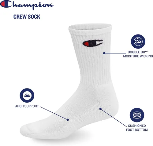 Vista 2 de Champion mens Double Dry Moisture Wicking Crew Socks 6, 8, 12 Packs Availabe