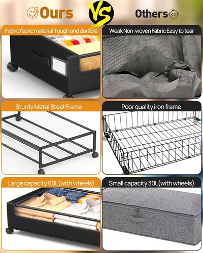 Vista 7 de Almacenamiento debajo de la cama, almacenamiento debajo de la cama con ruedas, almacenamiento debajo de la cama para ropa, mantas, zapatos... Negro