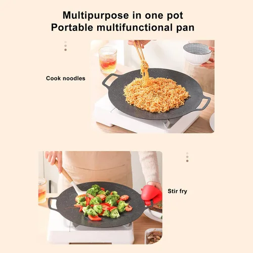 Vista 6 de Sartén coreana, sartén redonda antiadherente de 11.8 pulgadas para barbacoa coreana, parrilla redonda con asa, placa de estufa multifuncional