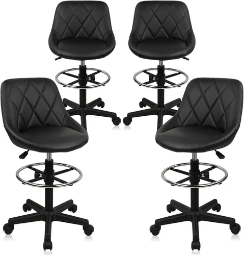 Vista 10 de KLASIKA Taburete con ruedas de respaldo bajo negro, taburetes de tocador de cuero PU, altura ajustable ergonómica giratoria giratoria silla