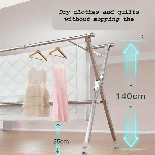 Vista 2 de Estante de secado de ropa de acero inoxidable resistente con ruedas, ajustable y plegable que ahorra espacio para interiores y exteriores, estante