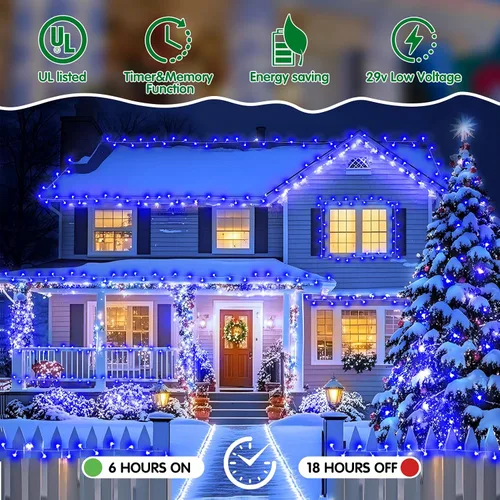 Vista 4 de Cadena de luces de Navidad para exteriores, 125 pies con 350 luces LED, 8 modos y función de temporizador con memoria, luces de hadas parpadeantes