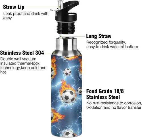 Vista 3 de Stainless Steel Vacuum Insulated Water Bottle 20 Oz, Leakproof Water Bottles for Gym Outdoor Travel School, Soccer Balls Water Flames