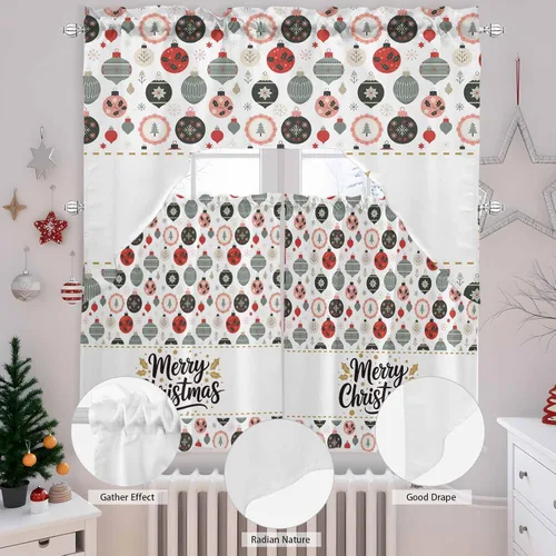 Vista 6 de Juego de 3 cortinas de cocina con festón de Navidad con cenefa, 3 piezas con bolsillo para barra, cortinas para dormitorio, sala de estar, baño