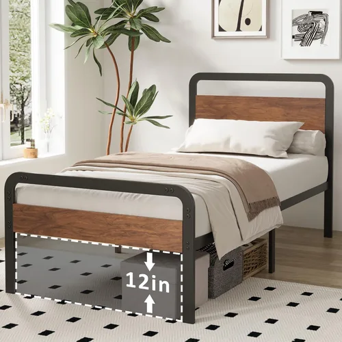 Vista 6 de Richwanone Marcos de Cama Individual con Cabecera y Pie de Cama de Madera, Marco de Plataforma de Metal de 14 Pulgadas con Soporte de Listones