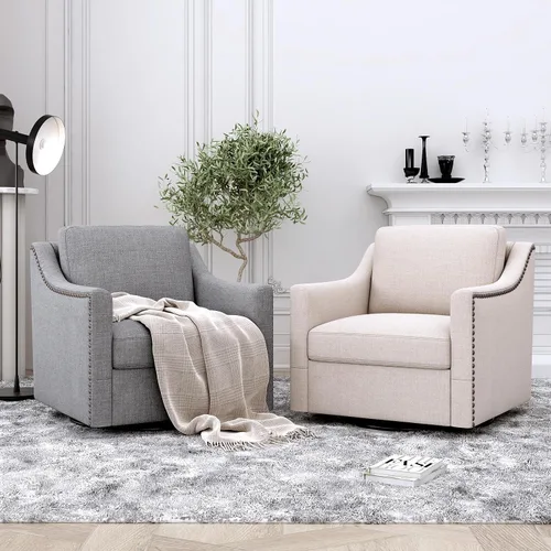 Vista 8 de Olela Silla giratoria para sala de estar, dormitorio, sillón de gran tamaño, moderno barril redondo con brazo en línea de tela (gris)