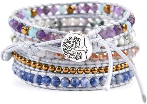 Vista 5 de YGLINE Pulsera de 5 envolturas de cera curativa con cuentas de piedra natural, Piedra