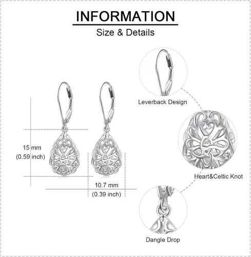 Vista 108 de Aretes colgantes de filigrana de plata de ley 925, margarita, loto, flor de rosa, piedra lunar, lágrima para mujer, nudo celta infinito, margarita