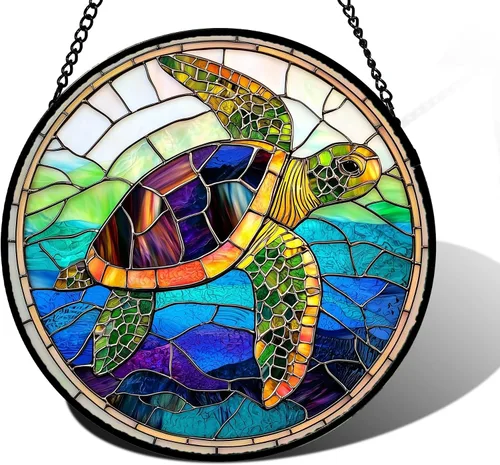 Vista 22 de DASTOLL Conjunto de 4 Piezas de Vidriera Manchada para Colgar en Ventanas Azul Océano con Árbol de Coco 16 cm - Atrapasoles para Puerta, Jardín