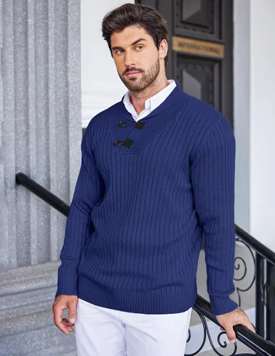 Vista 3 de COOFANDY Suéter de punto con cuello de chal para hombre, casual, ajustado, con botones