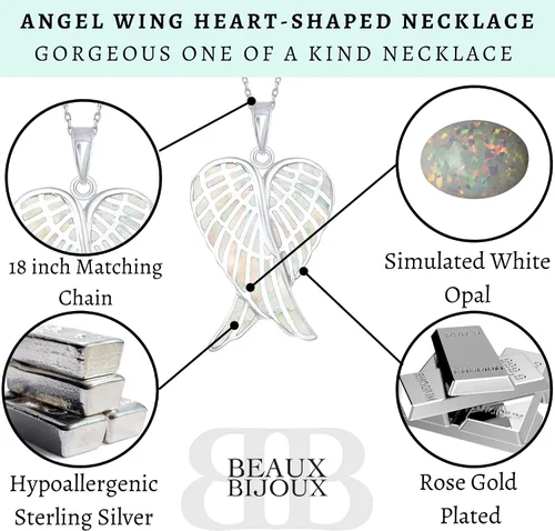 Vista 3 de Sterling Silver Angel Wing Necklace for Women - Heart Angel Necklace - Simulated White Pink or Blue Opal Necklace for Women - Meaningful Gifts for