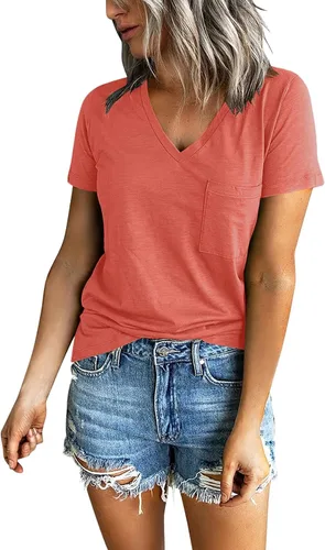 Vista 2 de PGANDS Camisetas de verano para mujer, cuello en V, manga corta, casual, básica, ajuste holgado