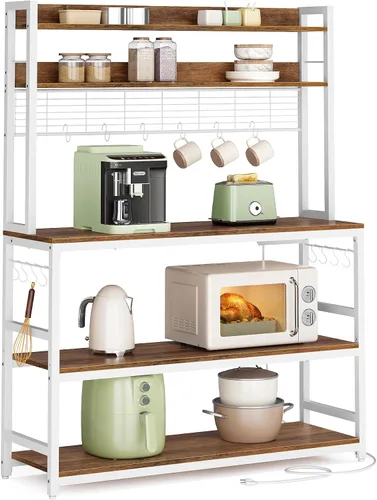 Vista 13 de VASAGLE Estante de panadería con toma de corriente, soporte para microondas, estante de almacenamiento alto de cocina, con panel de alambre