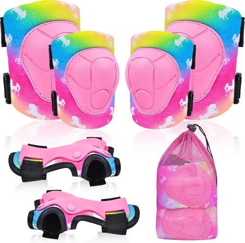 Vista 13 de Rodilleras para niños, juego de equipo de protección ajustable con bolsa de malla, rodilleras y coderas, protector de muñeca para niñas, patines