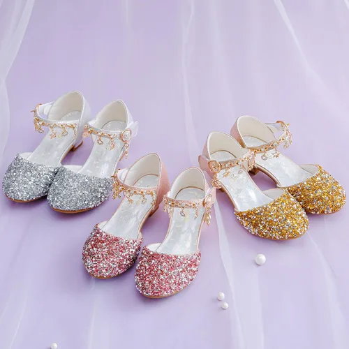 Vista 5 de Furdeour Girls Sandals Glittler Bow Dress Shoes Princess Crystal High Heels Party Wedding Flower Girls Shoes for Kid Toddler