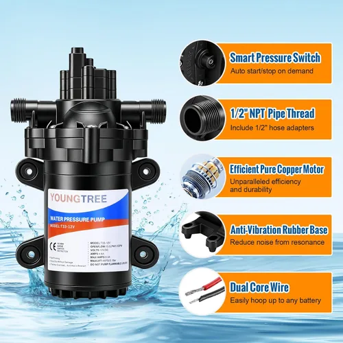 Vista 6 de YOUNGTREE Bomba de presión de agua dulce RV de 12 V, 3.5 GPM, 45 PSI, bajo demanda, bomba de diafragma de agua de 12 voltios con interruptor