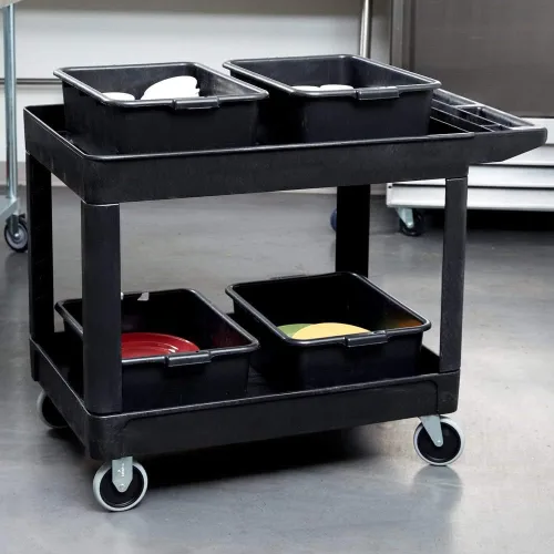 Vista 8 de Carrito de utilería Rubbermaid Commercial Products FG452089BLA resistente, 2 estantes con ruedas, mediano, color negro