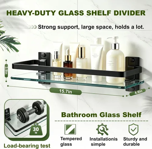 Vista 2 de AIJALY Paquete de 2 estantes de vidrio para baño, 15.7 pulgadas, estante de vidrio negro para ducha de baño, montado en la pared, estante de cocina