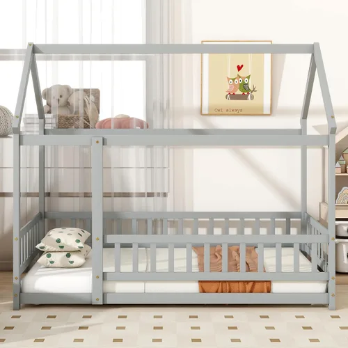 Vista 4 de Harper & Bright Designs Marco de cama de piso de casa de tamaño individual con barandillas de techo y valla, cama Montessori de madera maciza, fácil